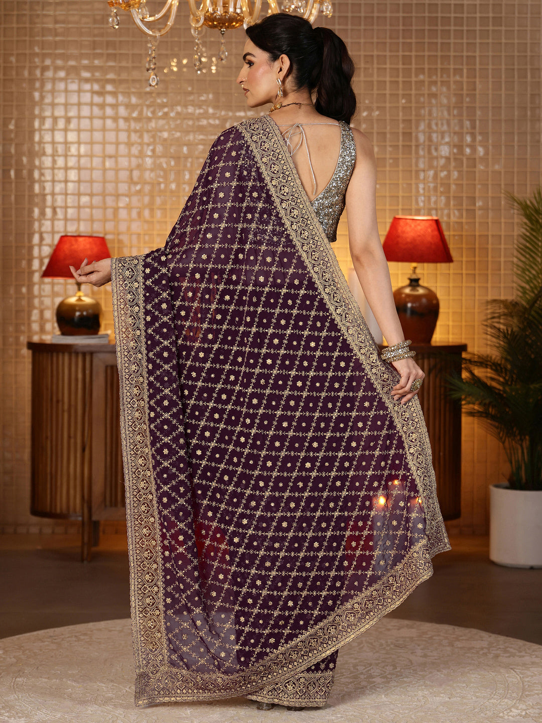 Libas Burgundy Floral Embroidered Georgette Saree
