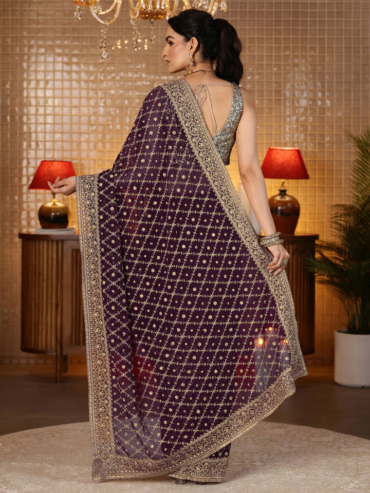 Libas Burgundy Floral Embroidered Georgette Saree