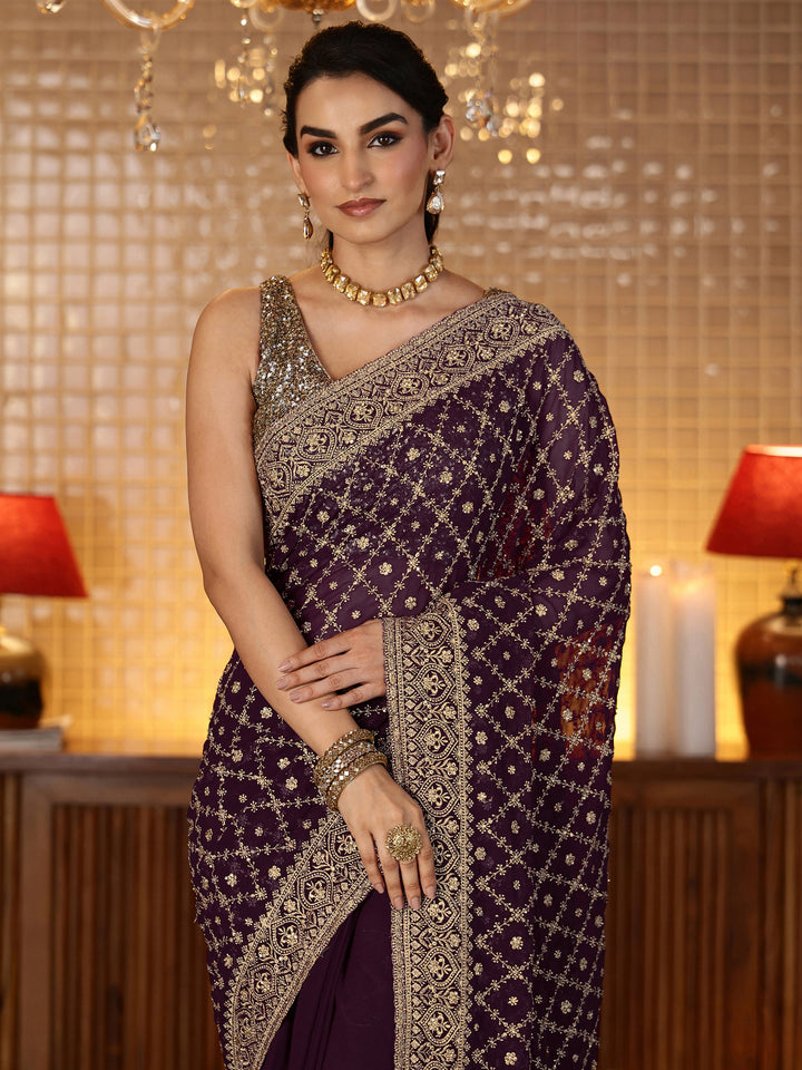 Libas Burgundy Floral Embroidered Georgette Saree