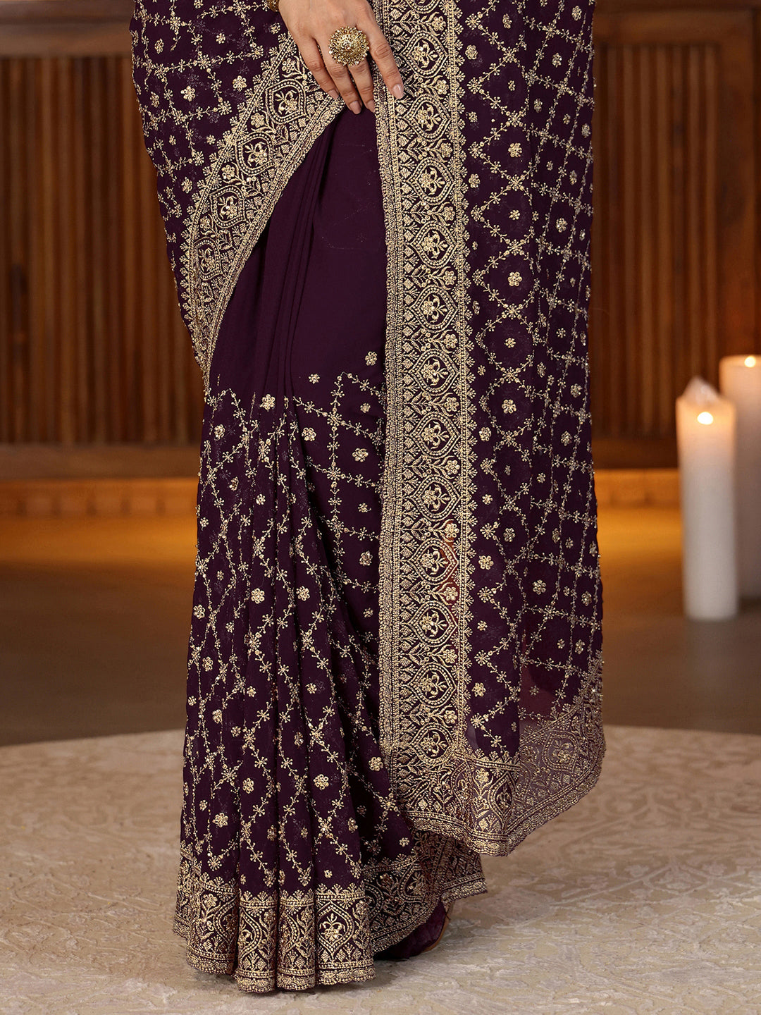 Libas Burgundy Floral Embroidered Georgette Saree