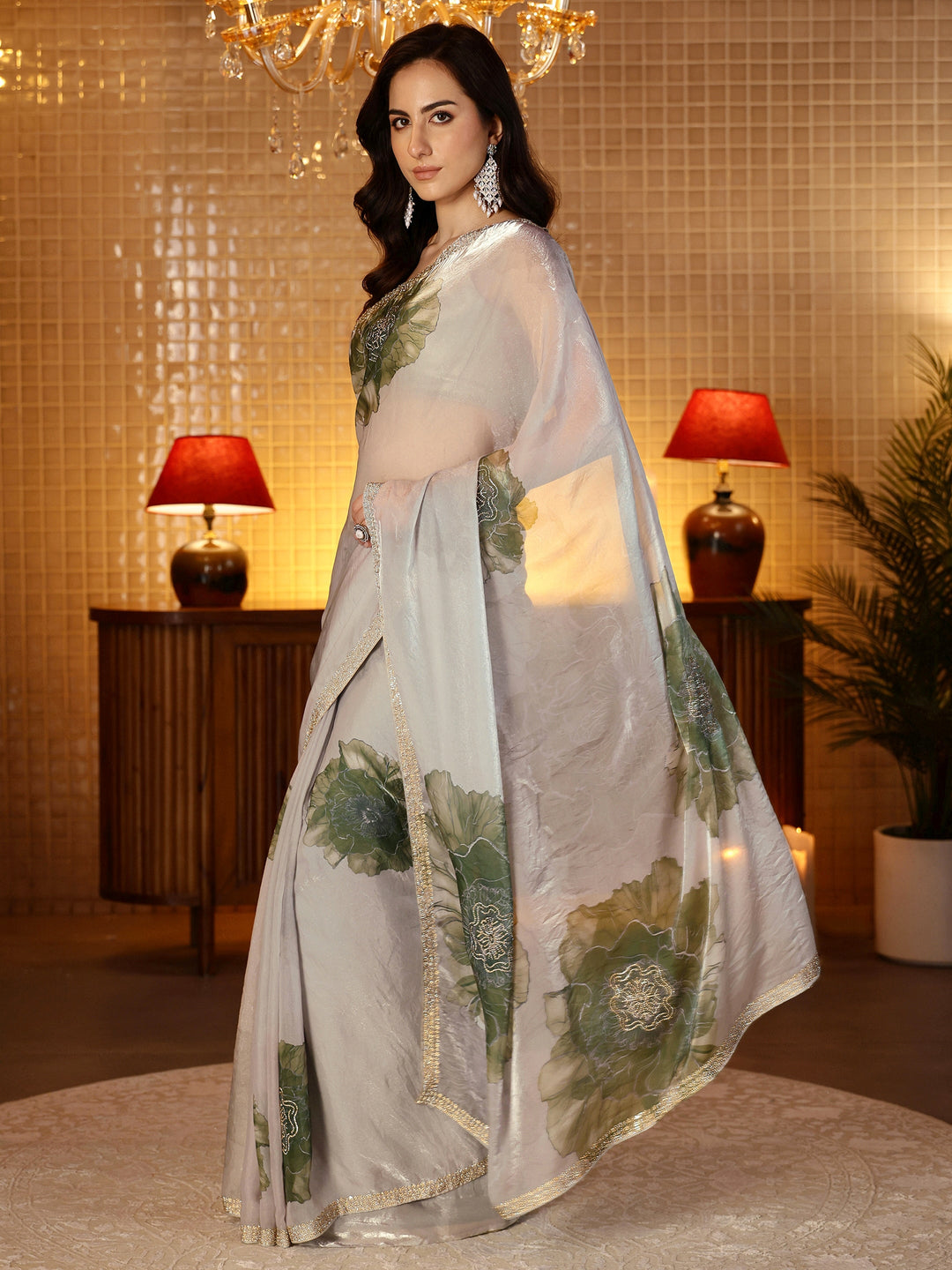 Libas Pista Green Floral Printed Tissue Saree