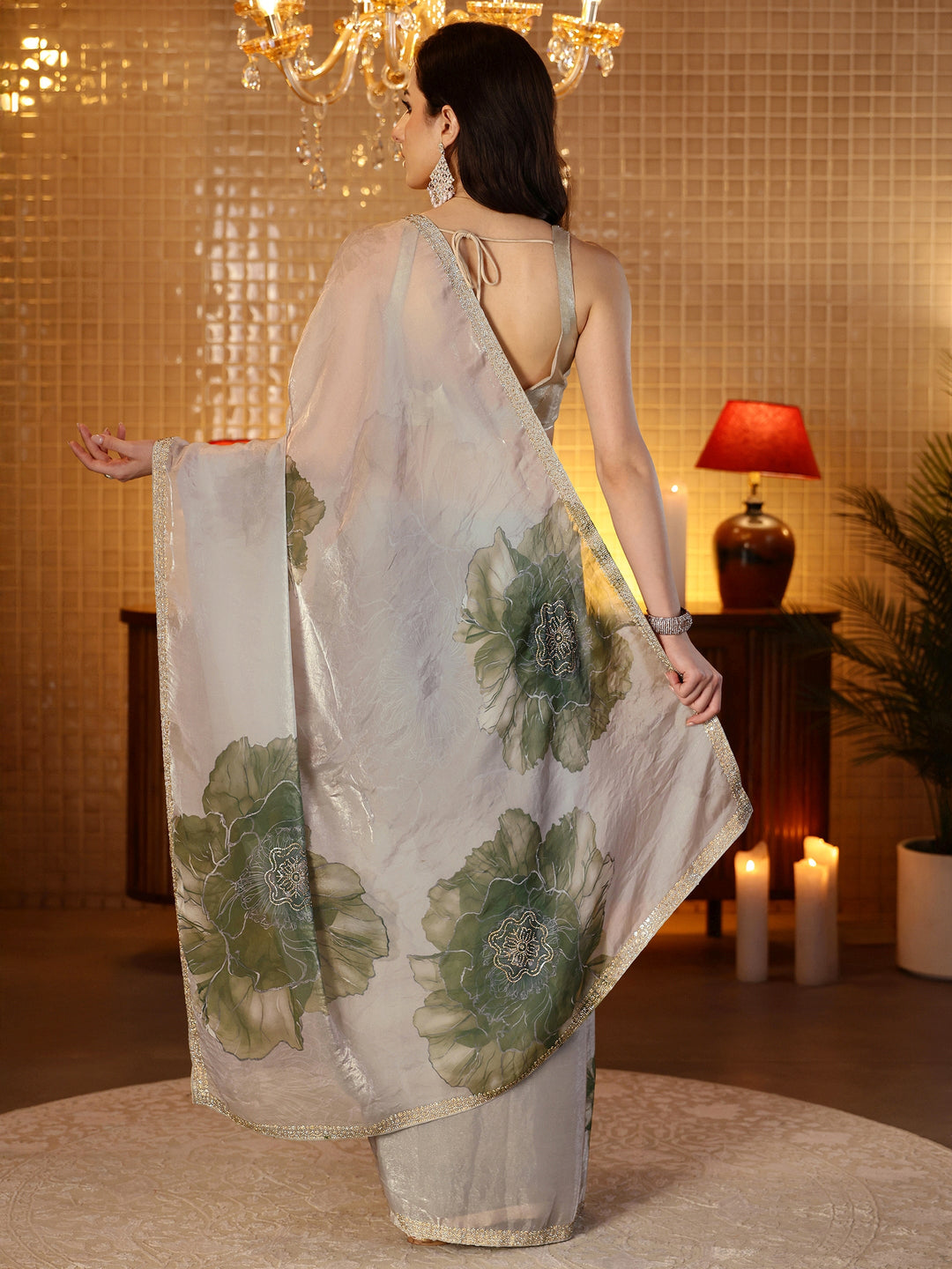 Libas Pista Green Floral Printed Tissue Saree