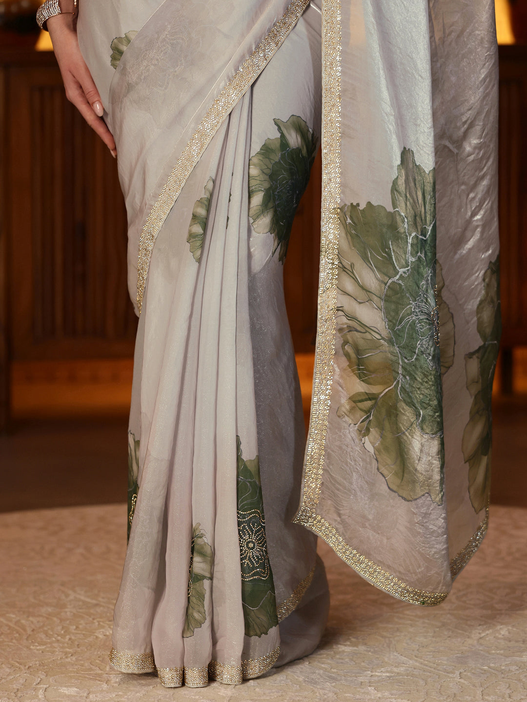 Libas Pista Green Floral Printed Tissue Saree