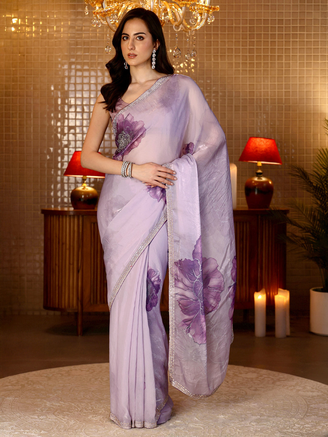 Libas Lavender Floral Printed Tissue Saree