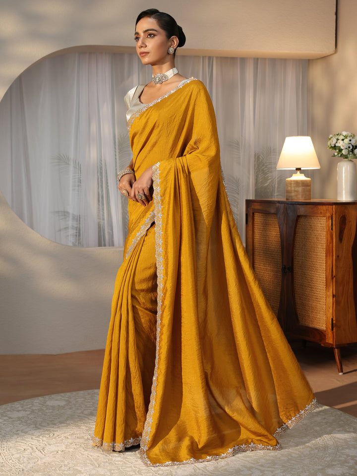 Mustard Silk Blend Saree with Embellished Border