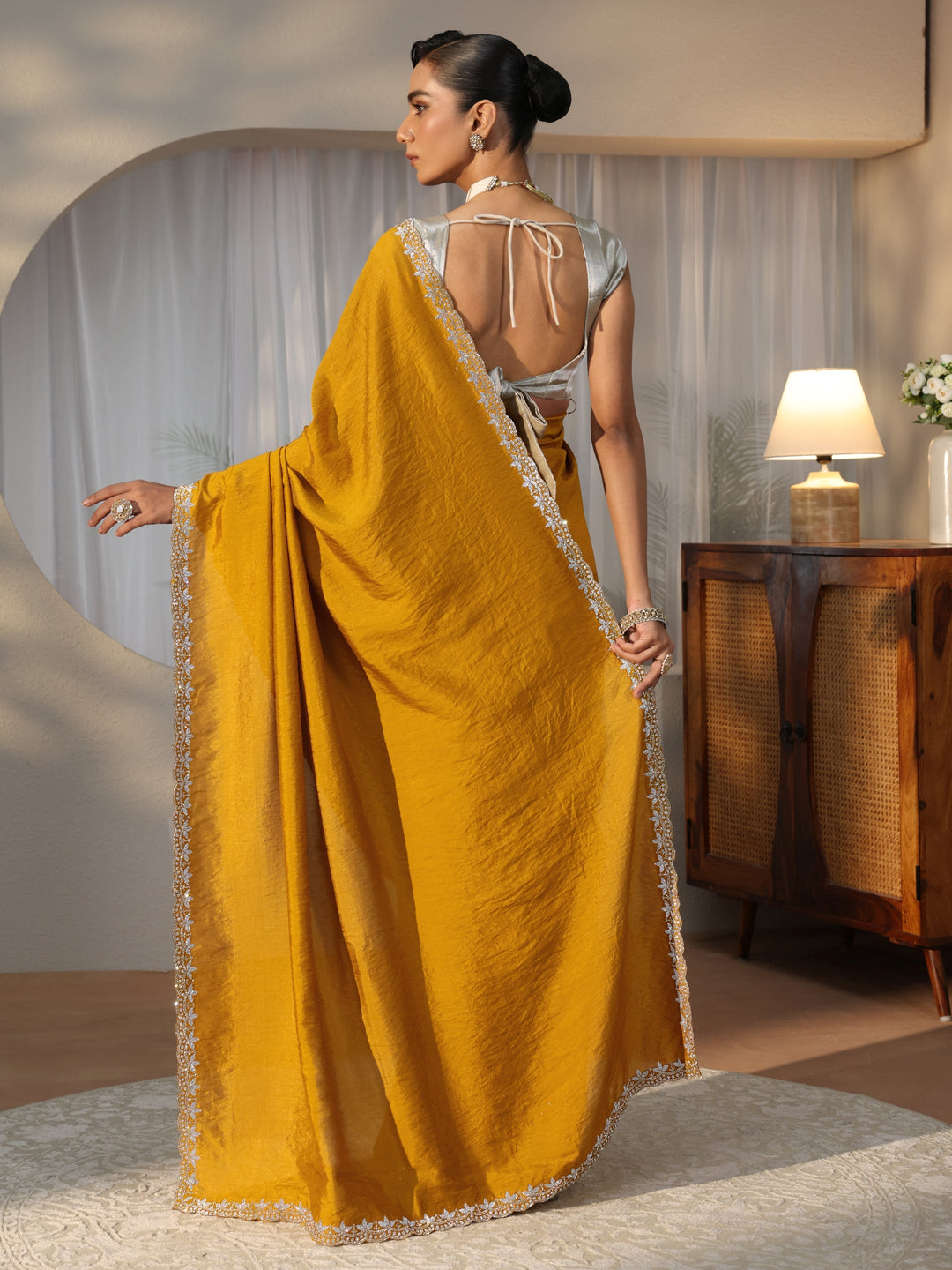 Mustard Silk Blend Saree with Embellished Border