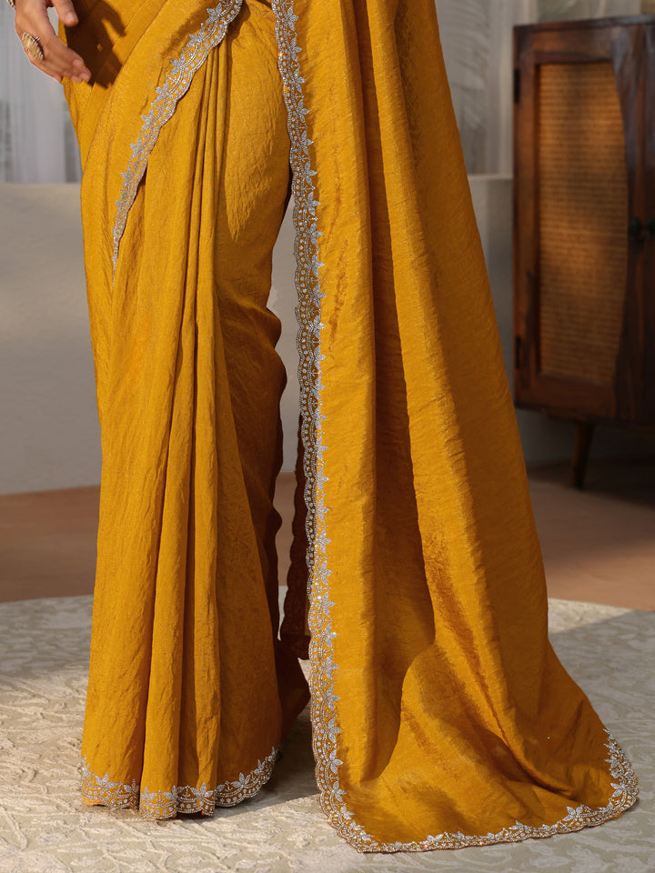 Mustard Silk Blend Saree with Embellished Border