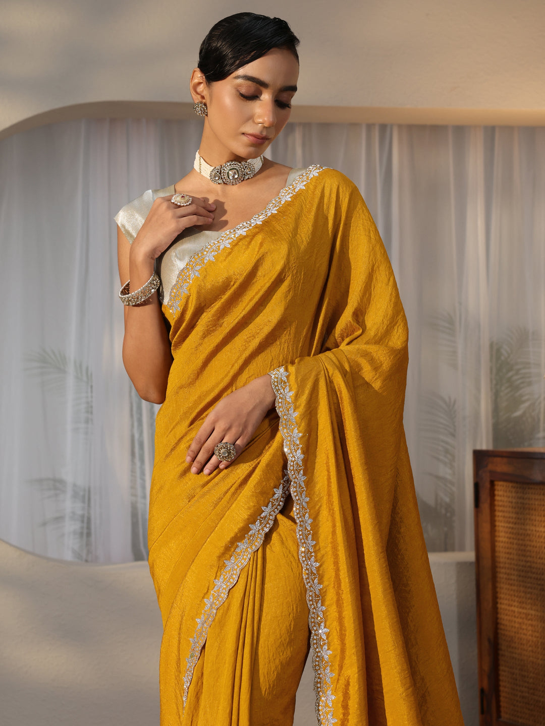 Mustard Silk Blend Saree with Embellished Border