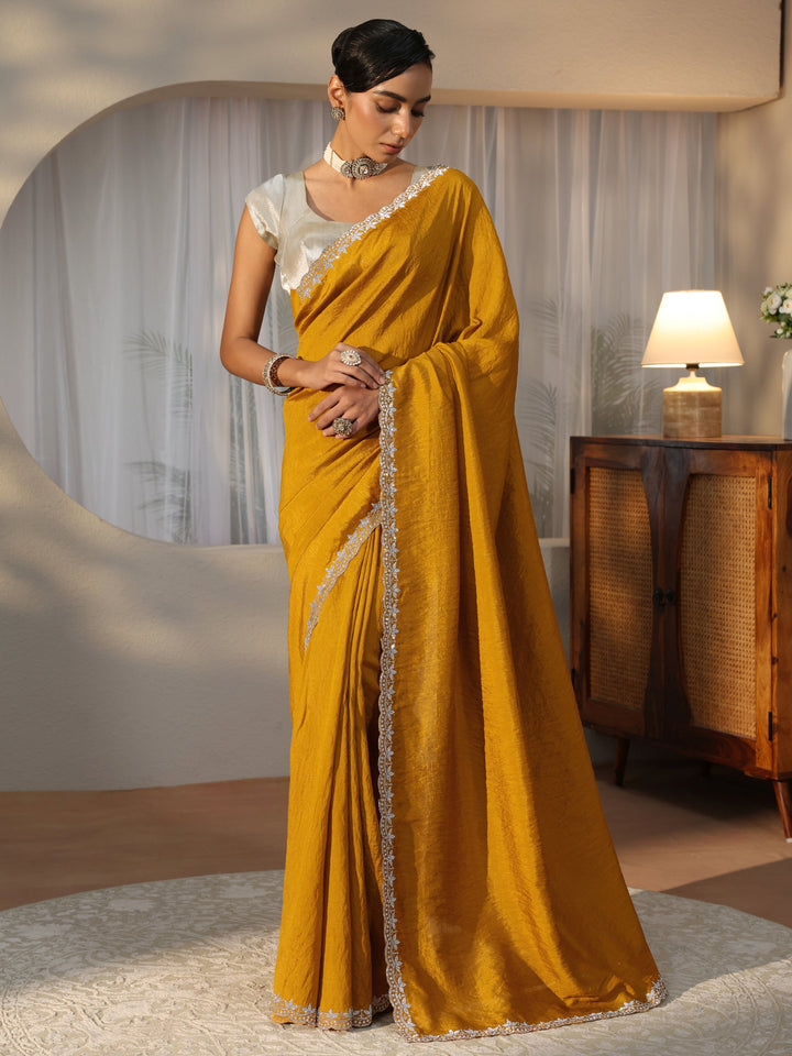 Mustard Silk Blend Saree with Embellished Border