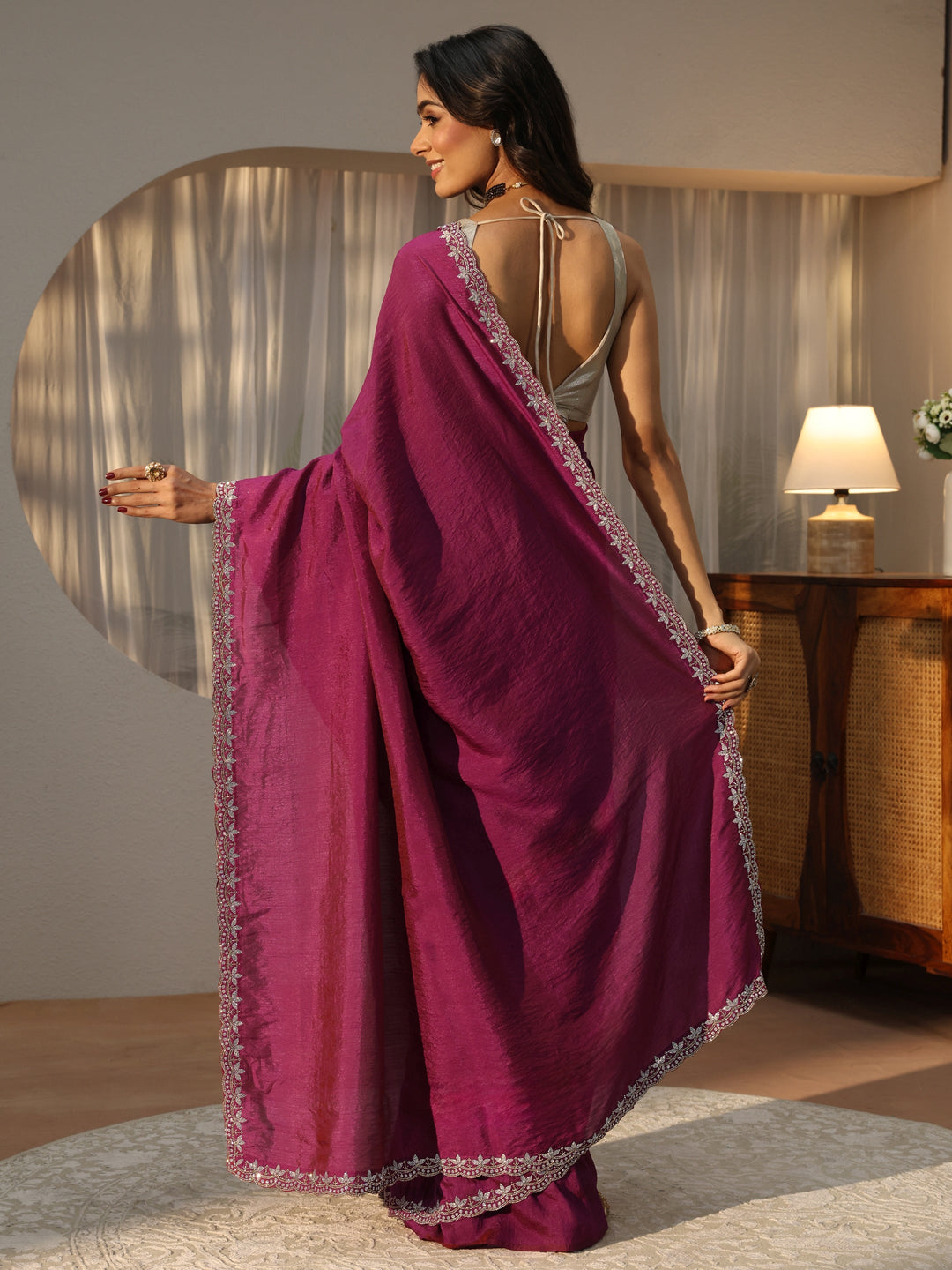 Magenta Pink Silk Blend Saree with Embellished Border