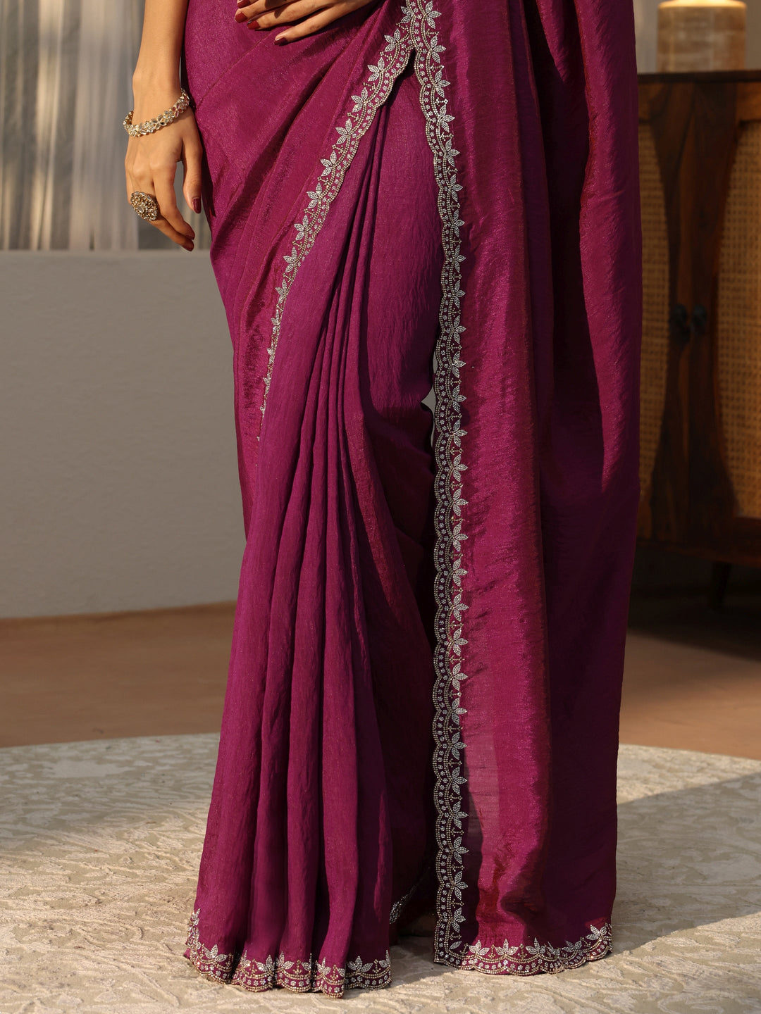Magenta Pink Silk Blend Saree with Embellished Border