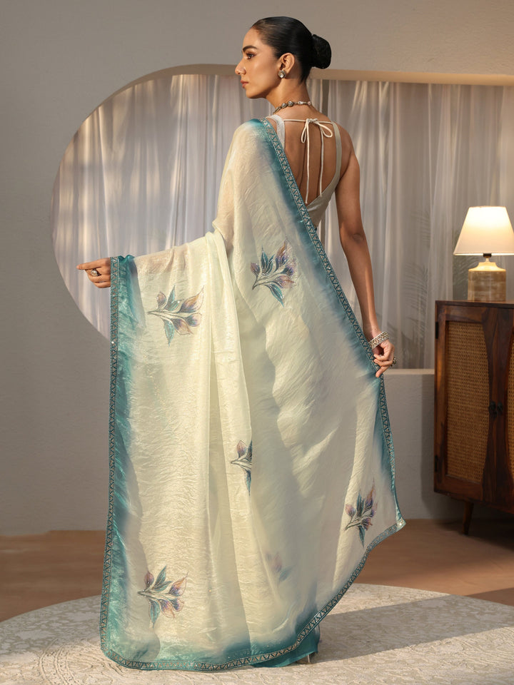 Cream Floral Printed Tissue Saree with Embellishments
