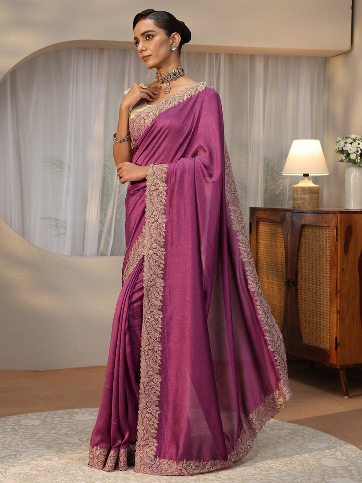 Mauve Silk Blend Saree with Embellished Border