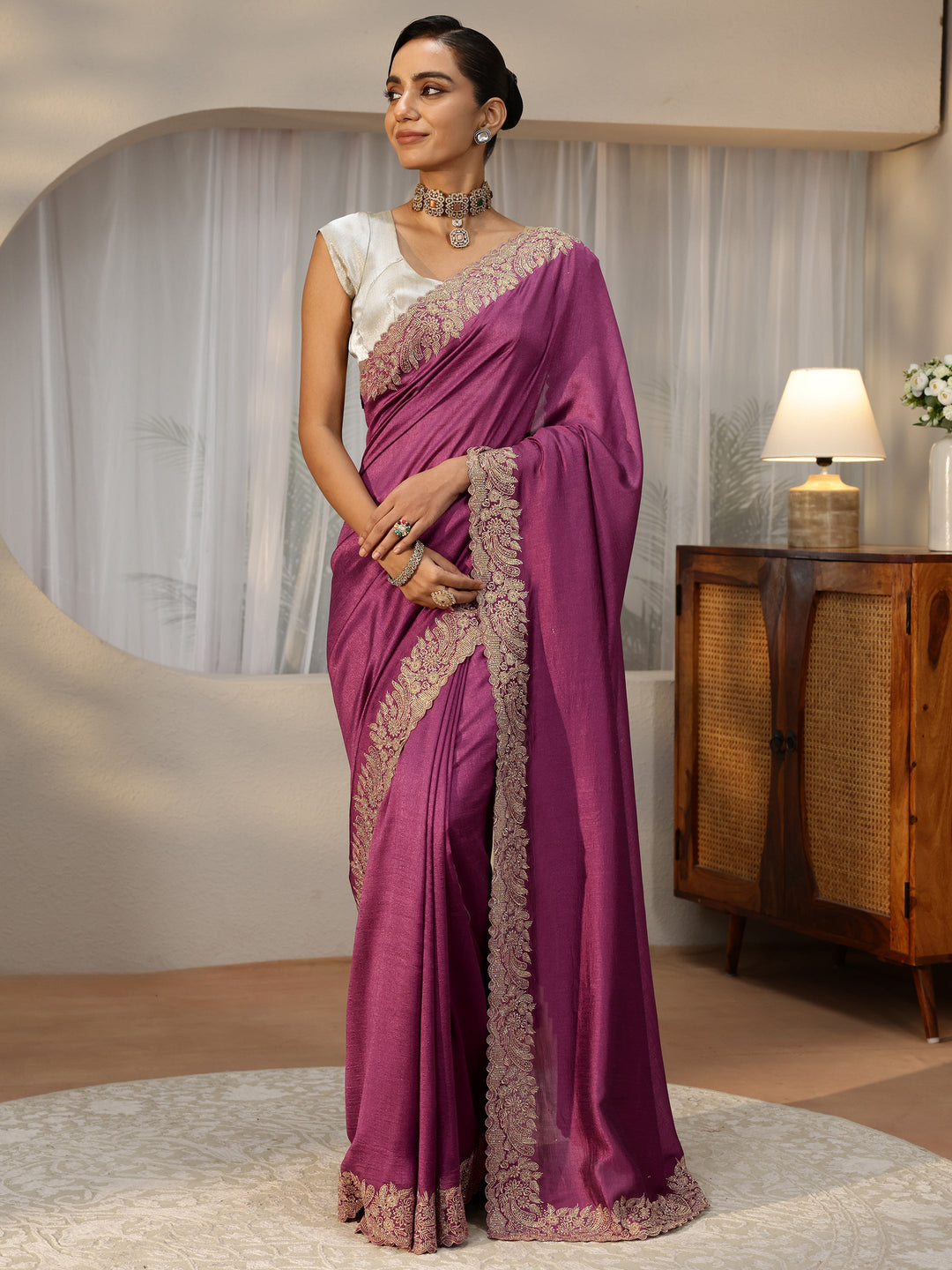 Mauve Silk Blend Saree with Embellished Border