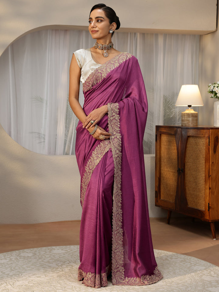 Mauve Silk Blend Saree with Embellished Border