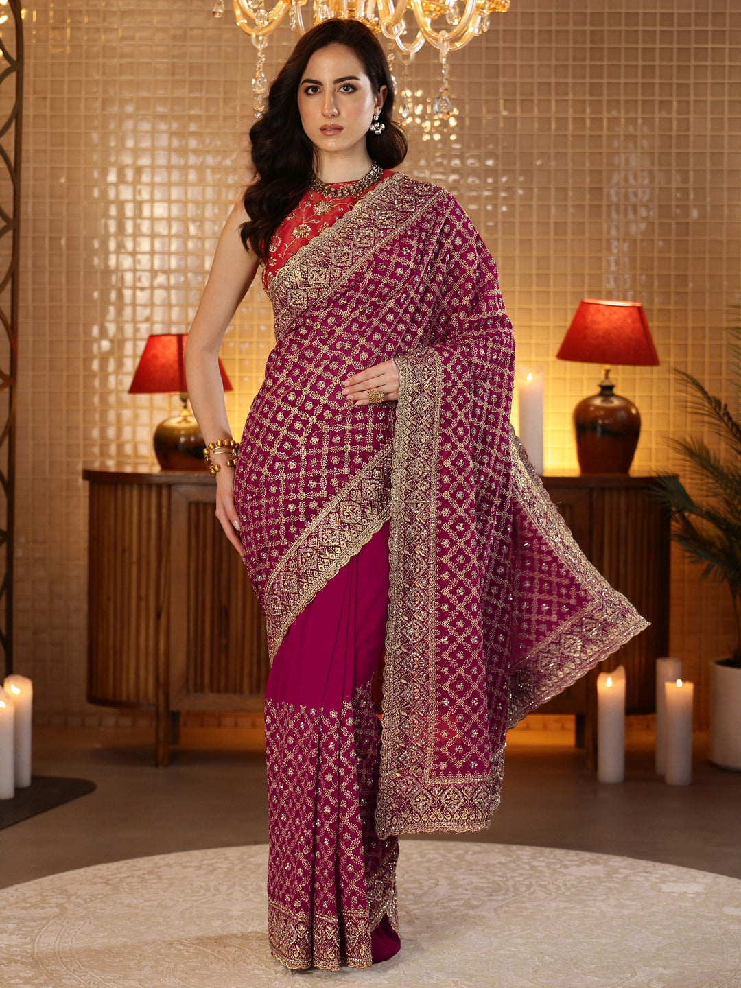 Libas Magenta Pink Floral Embroidered Georgette Saree