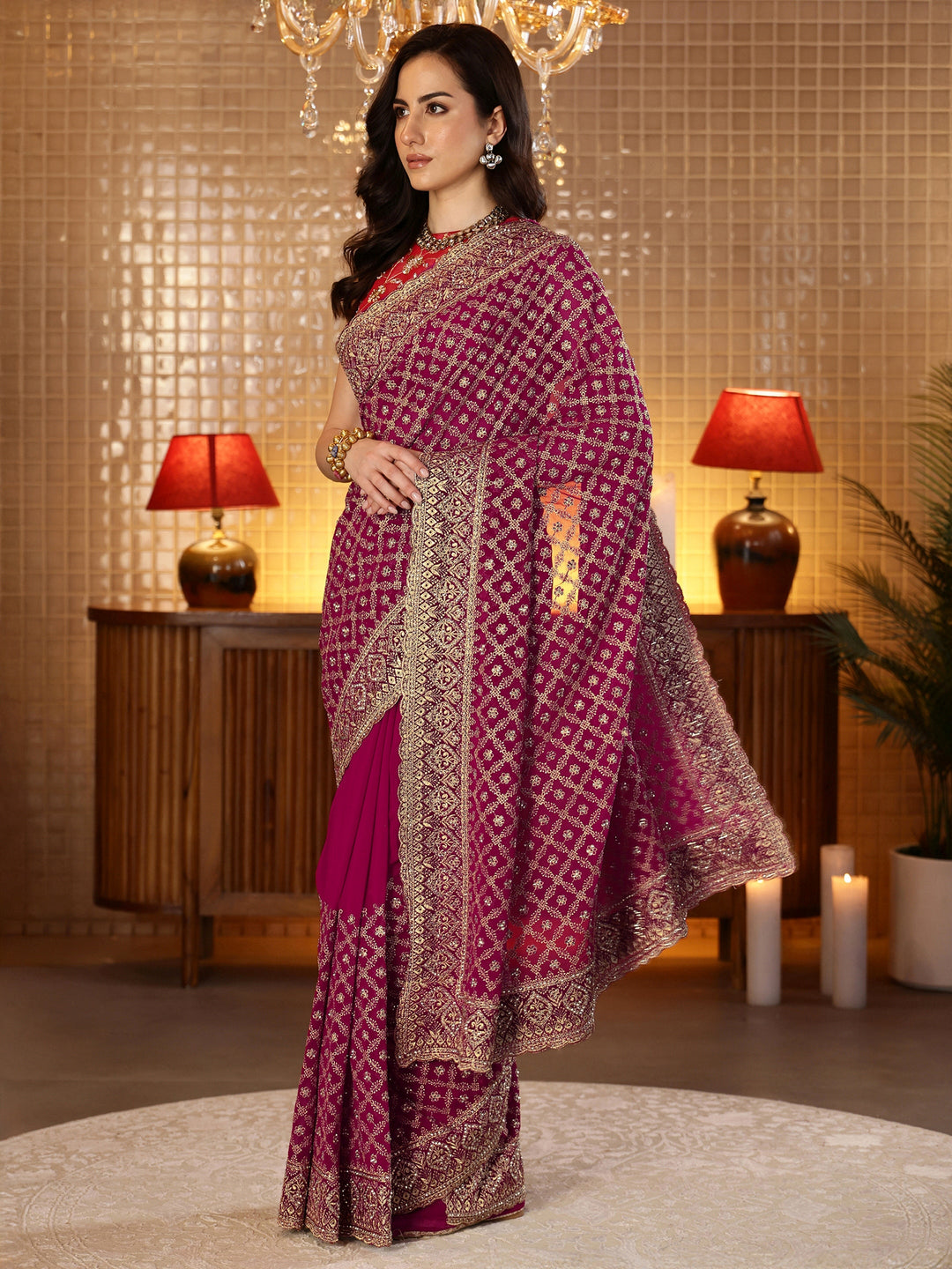 Libas Magenta Pink Floral Embroidered Georgette Saree