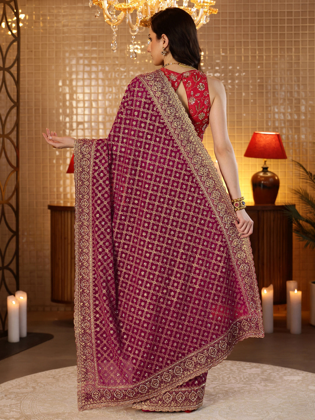 Libas Magenta Pink Floral Embroidered Georgette Saree
