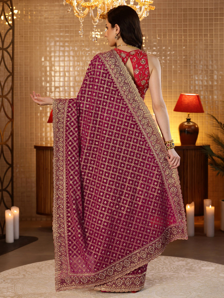 Libas Magenta Pink Floral Embroidered Georgette Saree