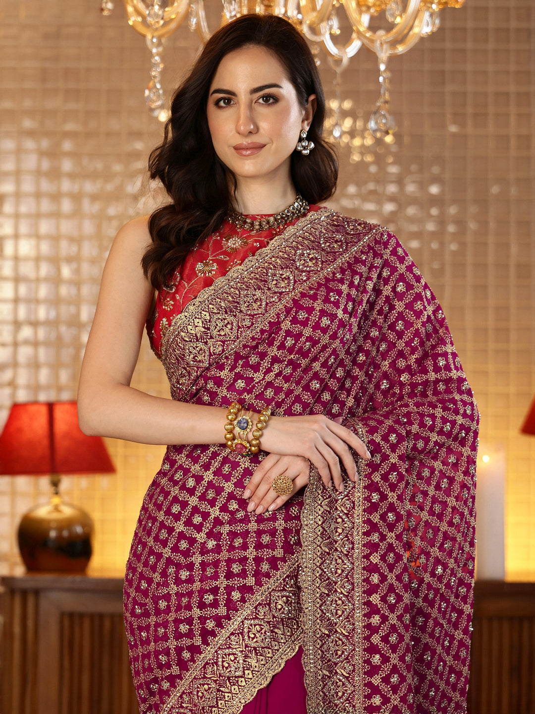 Libas Magenta Pink Floral Embroidered Georgette Saree