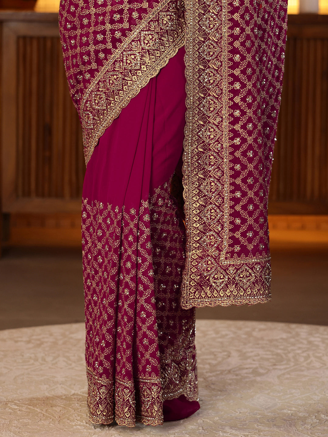 Libas Magenta Pink Floral Embroidered Georgette Saree