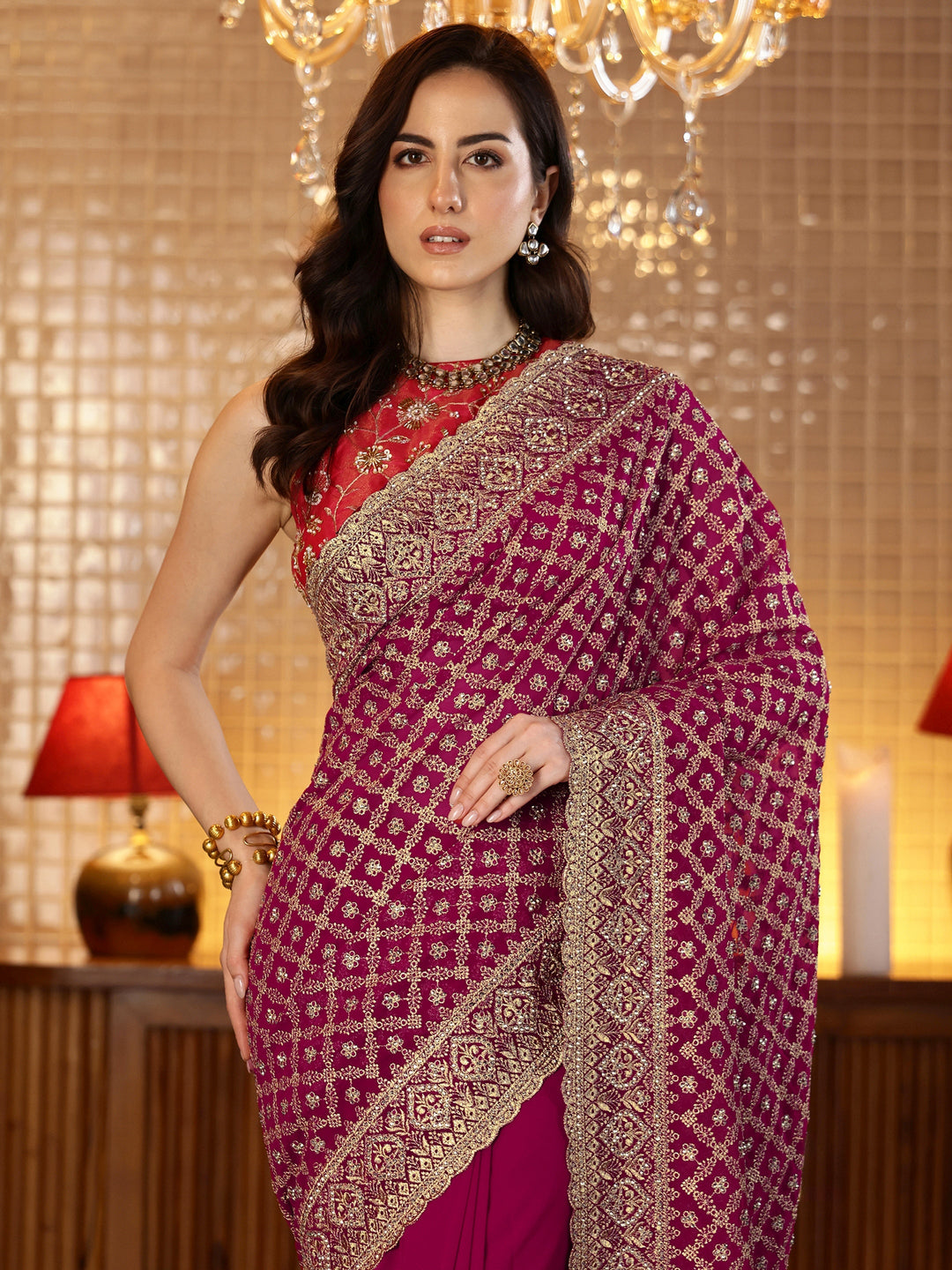 Libas Magenta Pink Floral Embroidered Georgette Saree