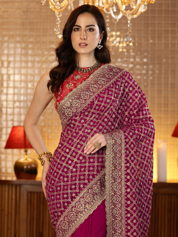 Libas Magenta Pink Floral Embroidered Georgette Saree