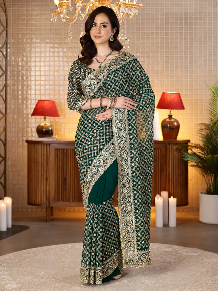 Libas Green Georgette Saree with Embroidered Border
