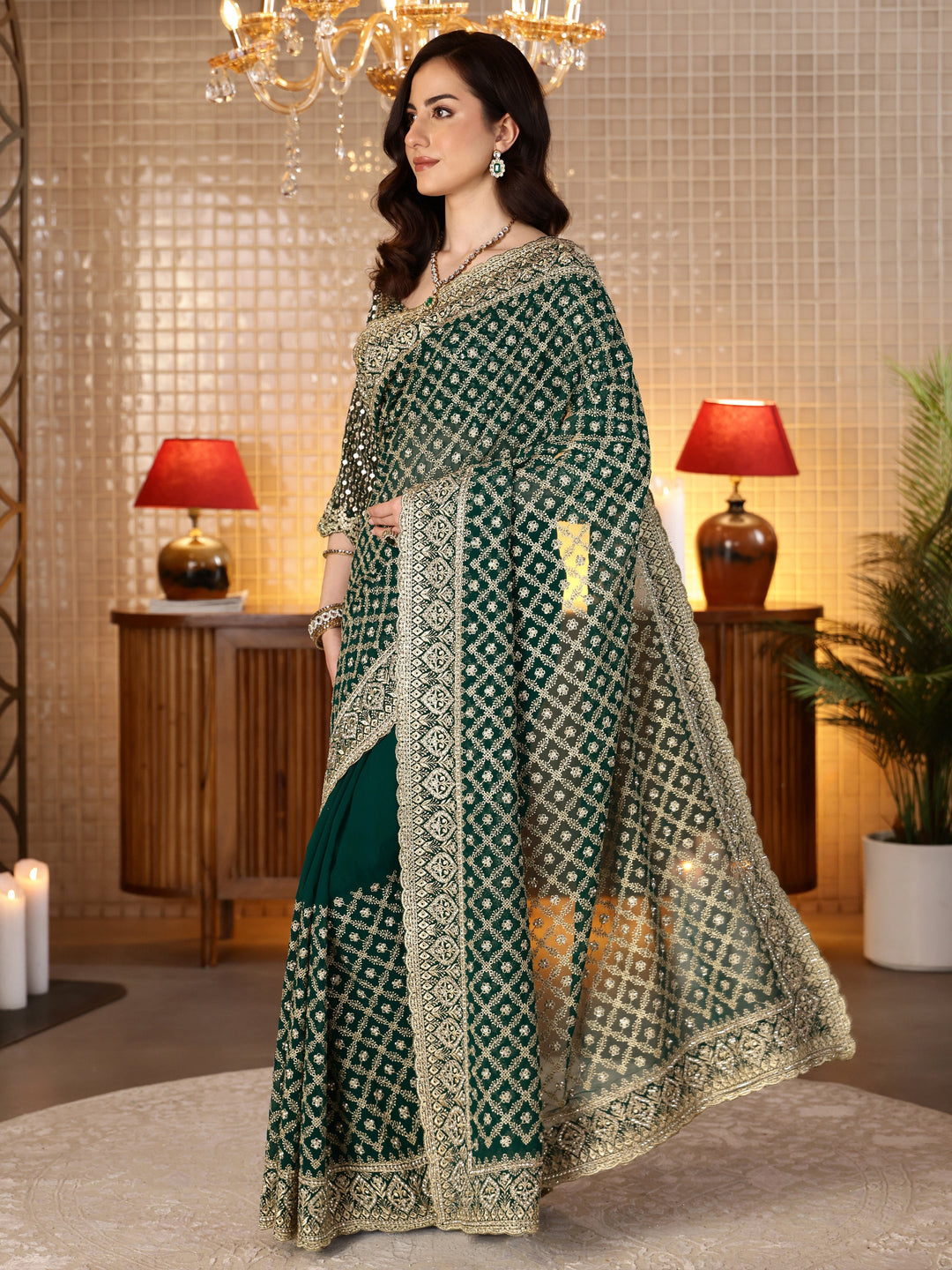 Libas Green Georgette Saree with Embroidered Border