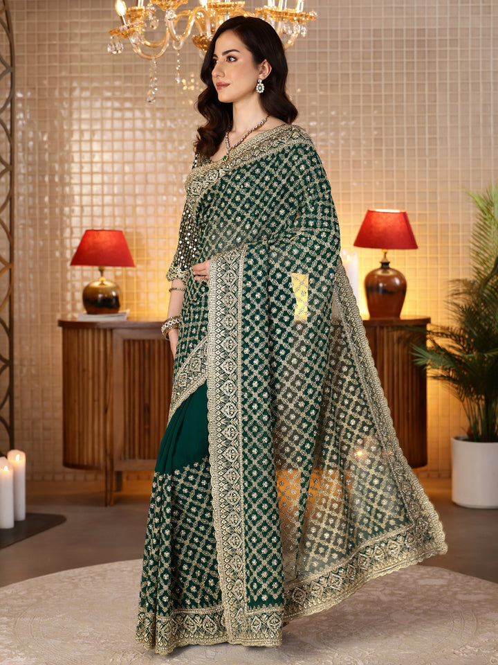 Libas Green Georgette Saree with Embroidered Border