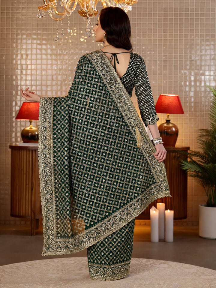 Libas Green Georgette Saree with Embroidered Border