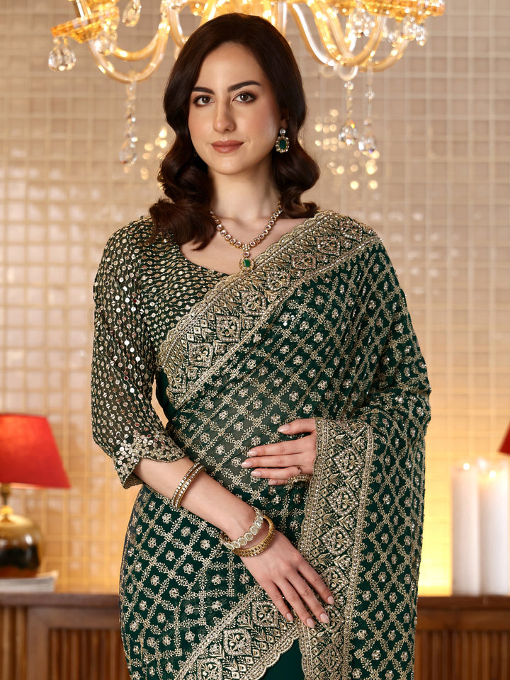 Libas Green Georgette Saree with Embroidered Border