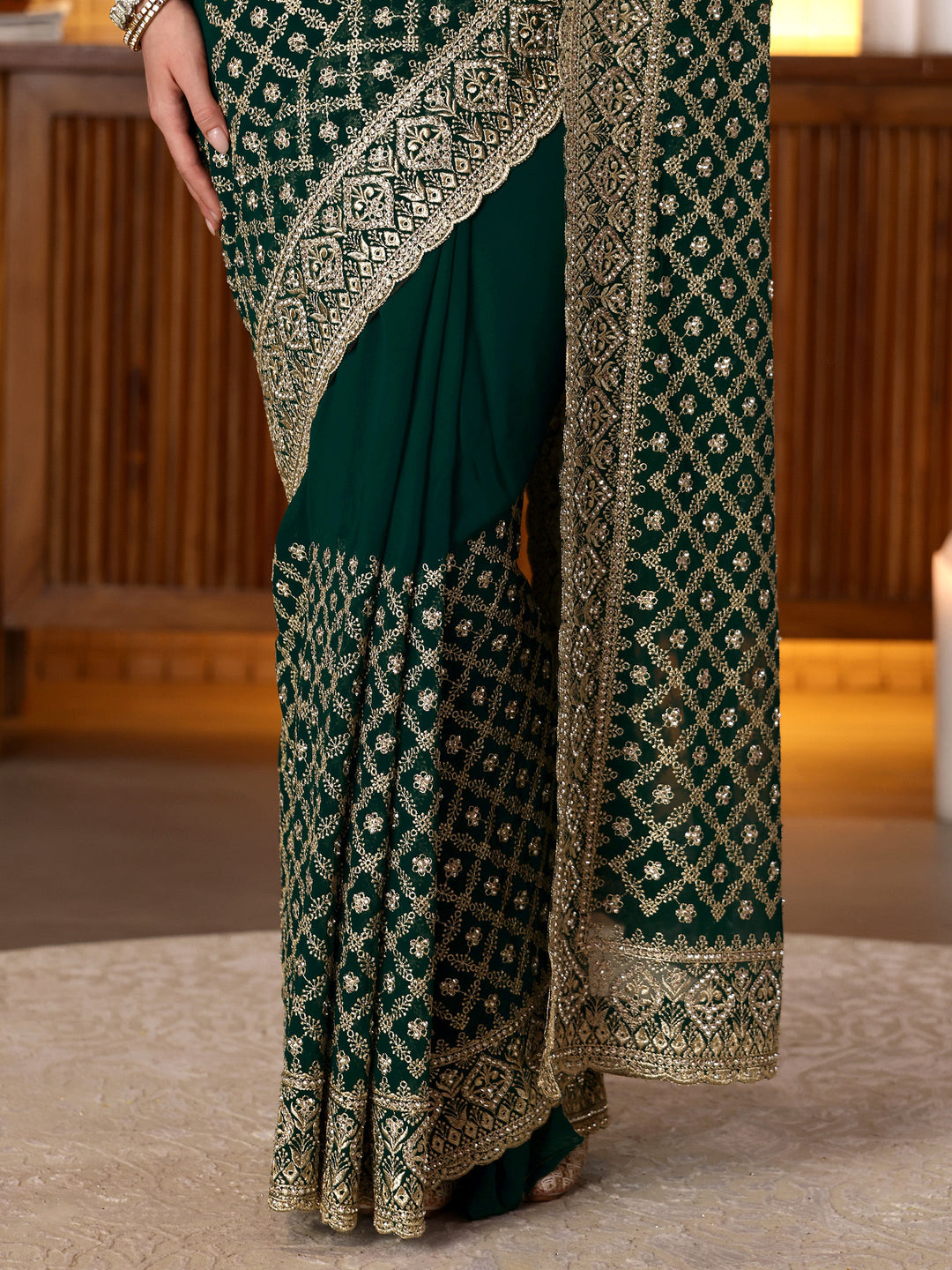 Libas Green Georgette Saree with Embroidered Border