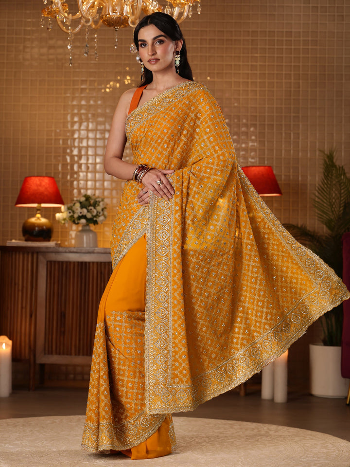 Libas Mustard Floral Embroidered Satin Saree