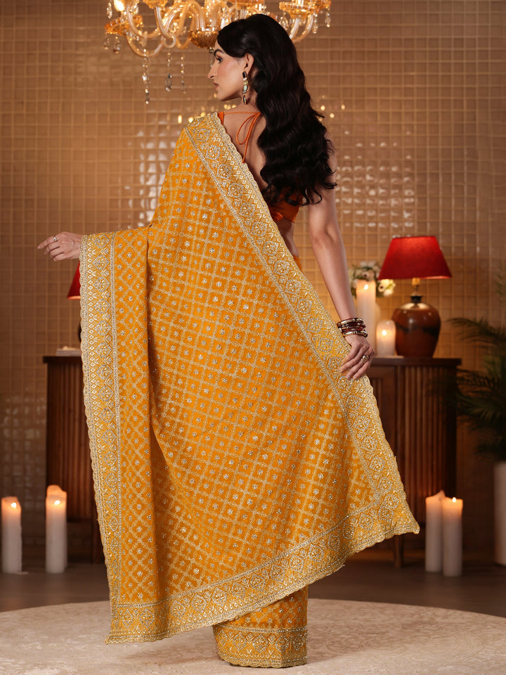 Libas Mustard Floral Embroidered Satin Saree