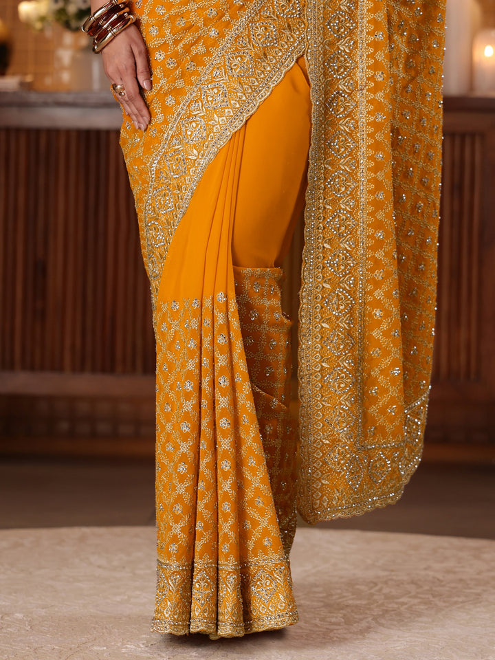 Libas Mustard Floral Embroidered Satin Saree
