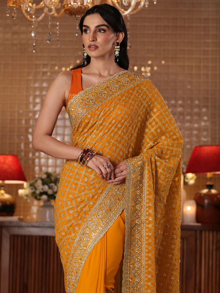 Libas Mustard Floral Embroidered Satin Saree