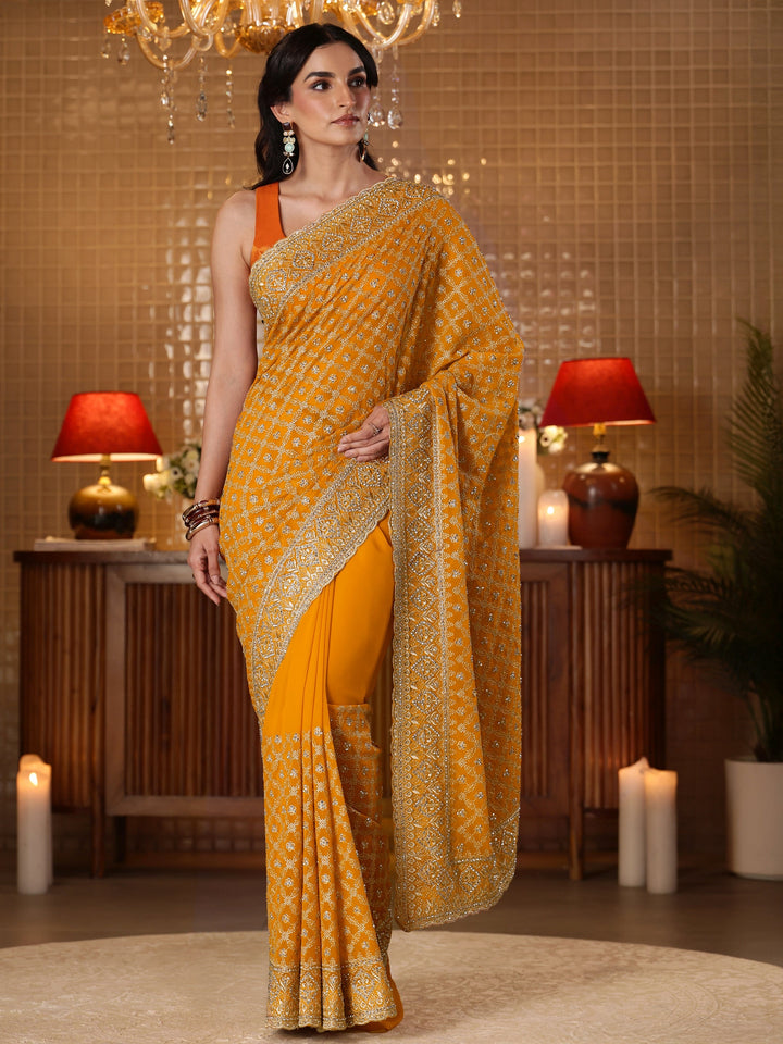 Libas Mustard Floral Embroidered Satin Saree