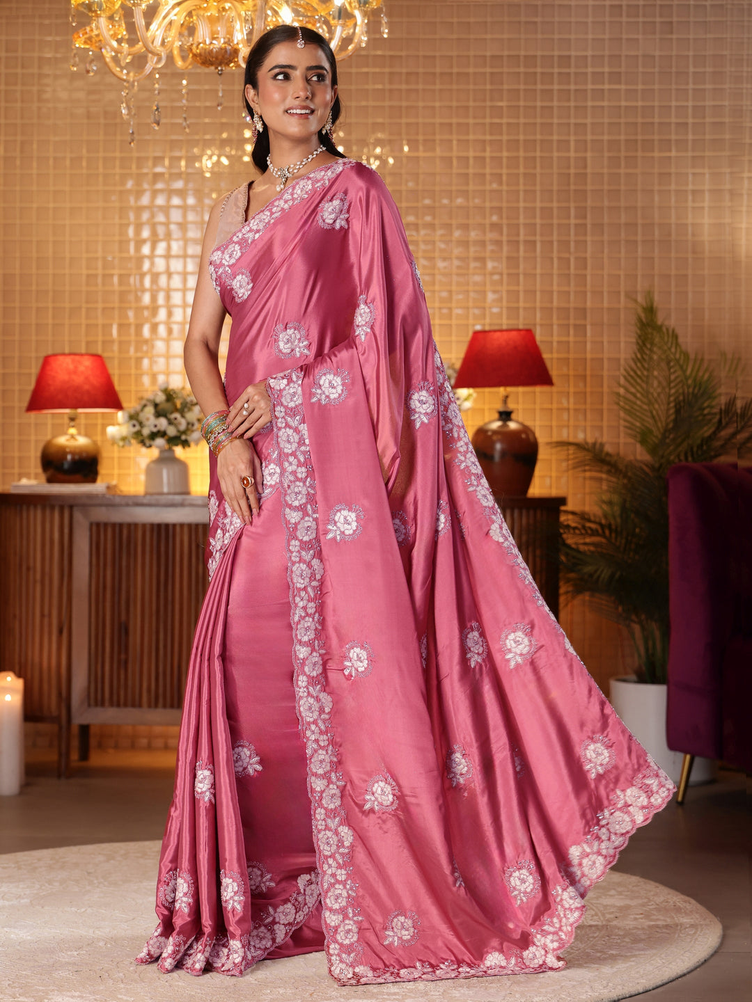 Libas Mauve Floral Embroidered Satin Saree