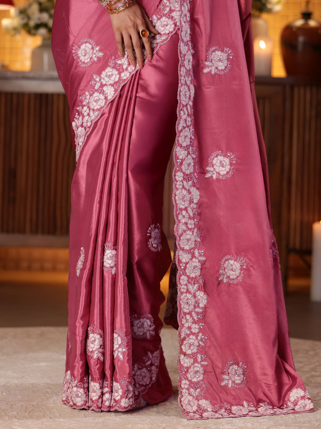 Libas Mauve Floral Embroidered Satin Saree