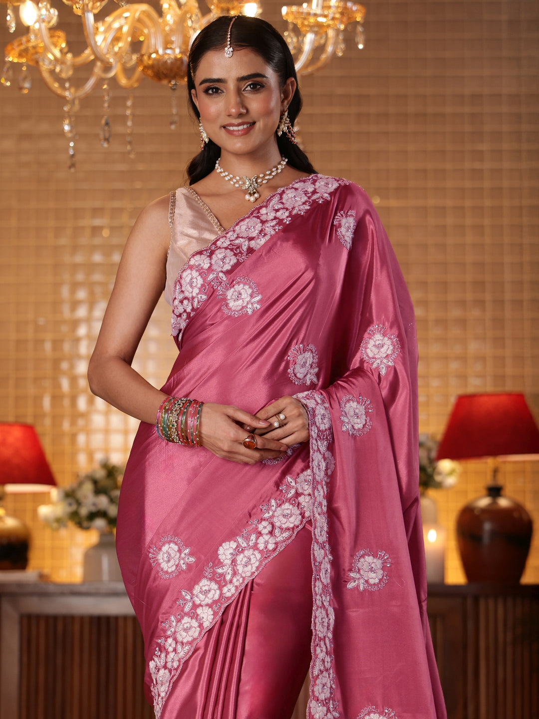 Libas Mauve Floral Embroidered Satin Saree