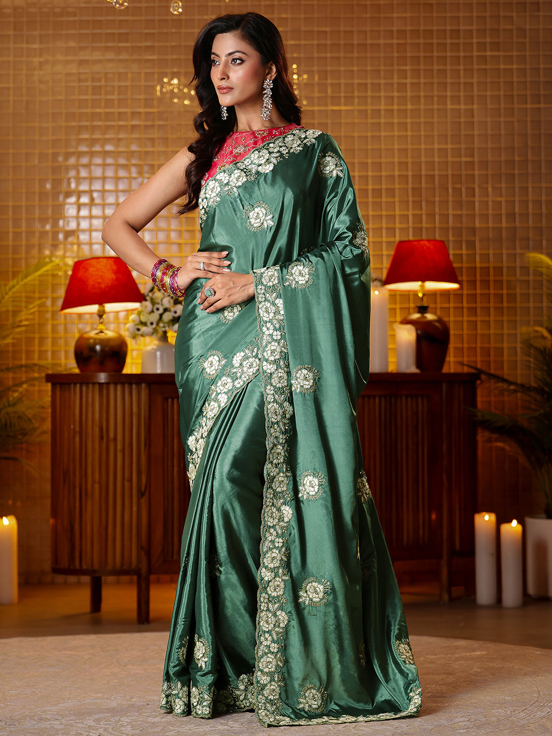 Libas Green Floral Embroidered Satin Saree