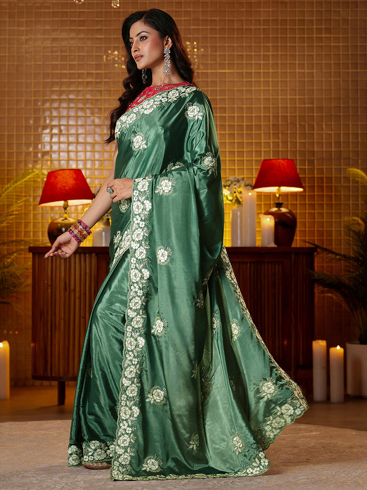 Libas Green Floral Embroidered Satin Saree