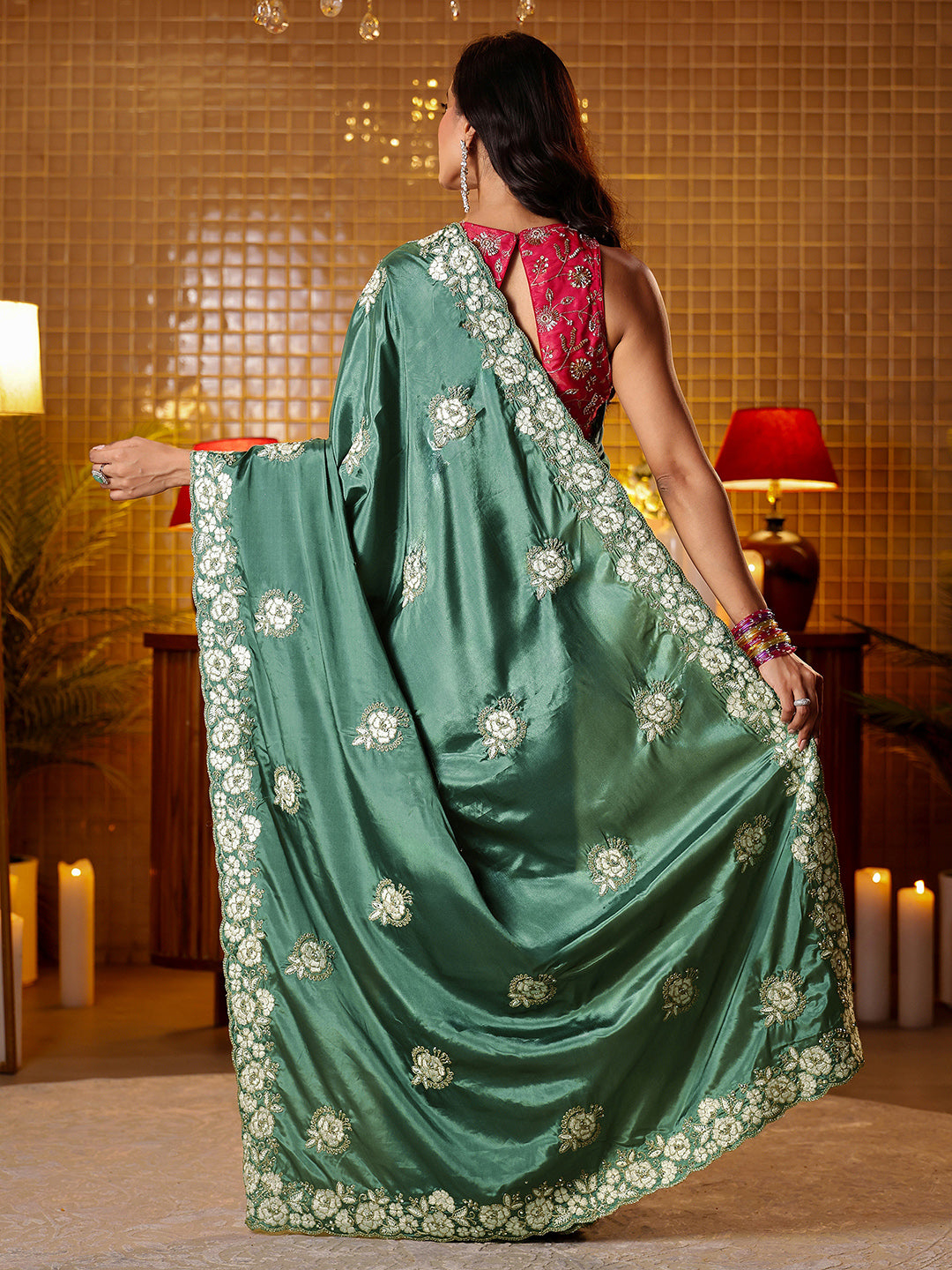 Libas Green Floral Embroidered Satin Saree