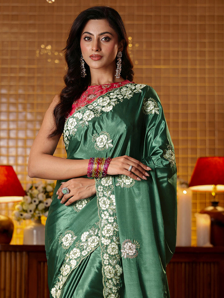 Libas Green Floral Embroidered Satin Saree