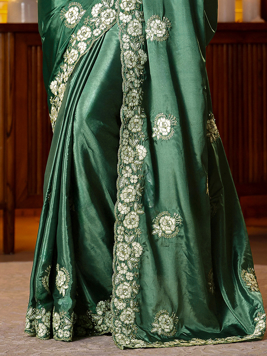 Libas Green Floral Embroidered Satin Saree