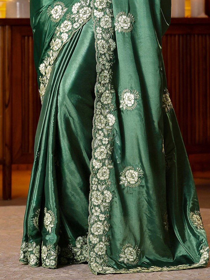 Libas Green Floral Embroidered Satin Saree