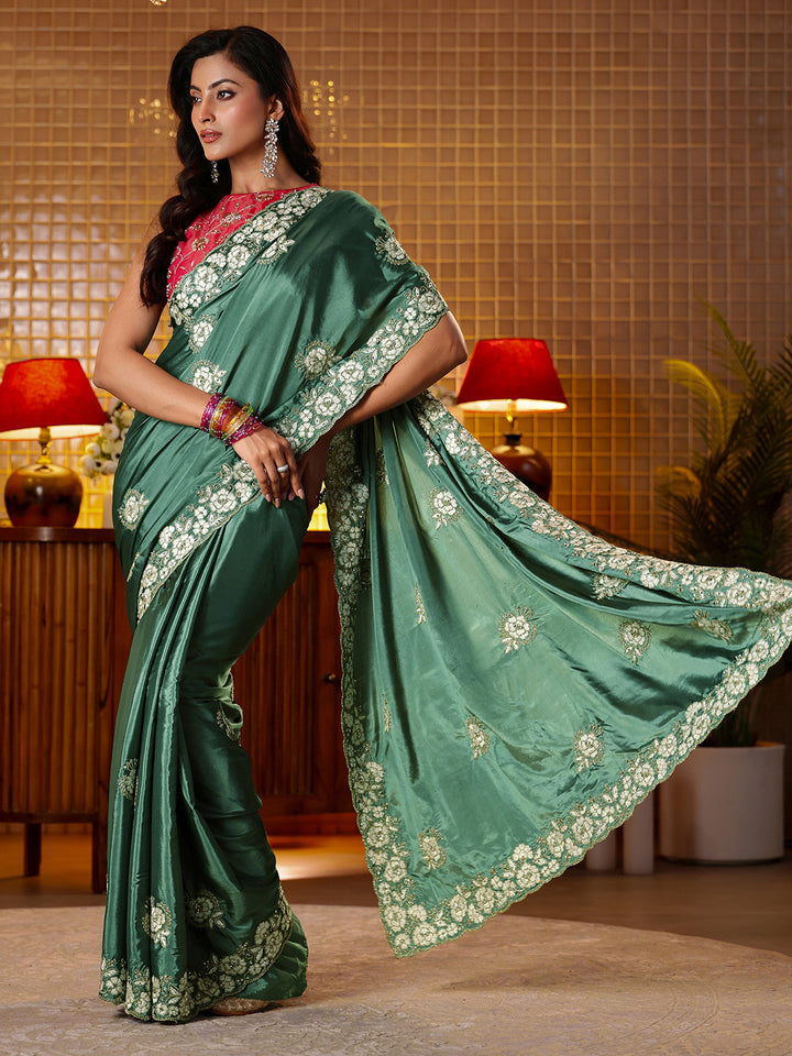 Libas Green Floral Embroidered Satin Saree