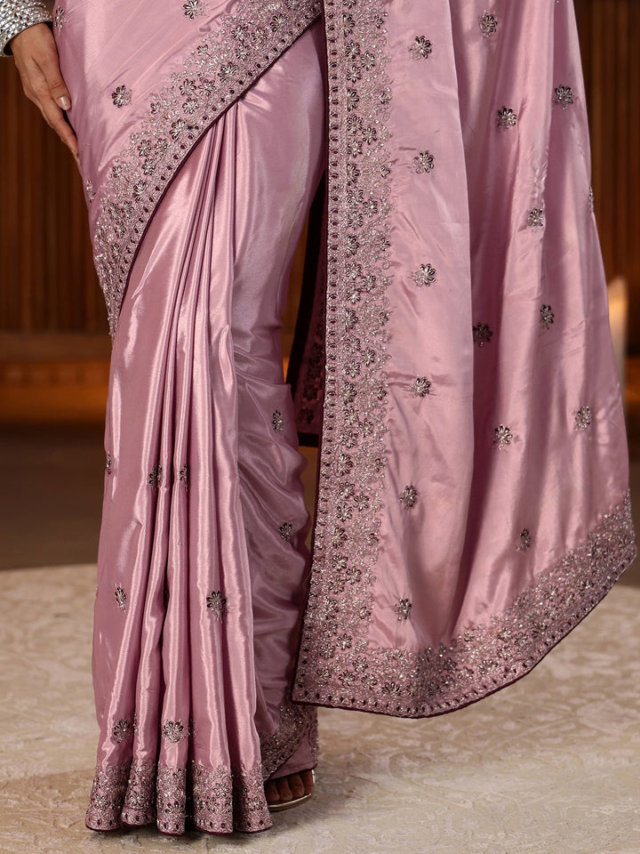 Libas Dusty Rose Pink Floral Embroidered Satin Saree