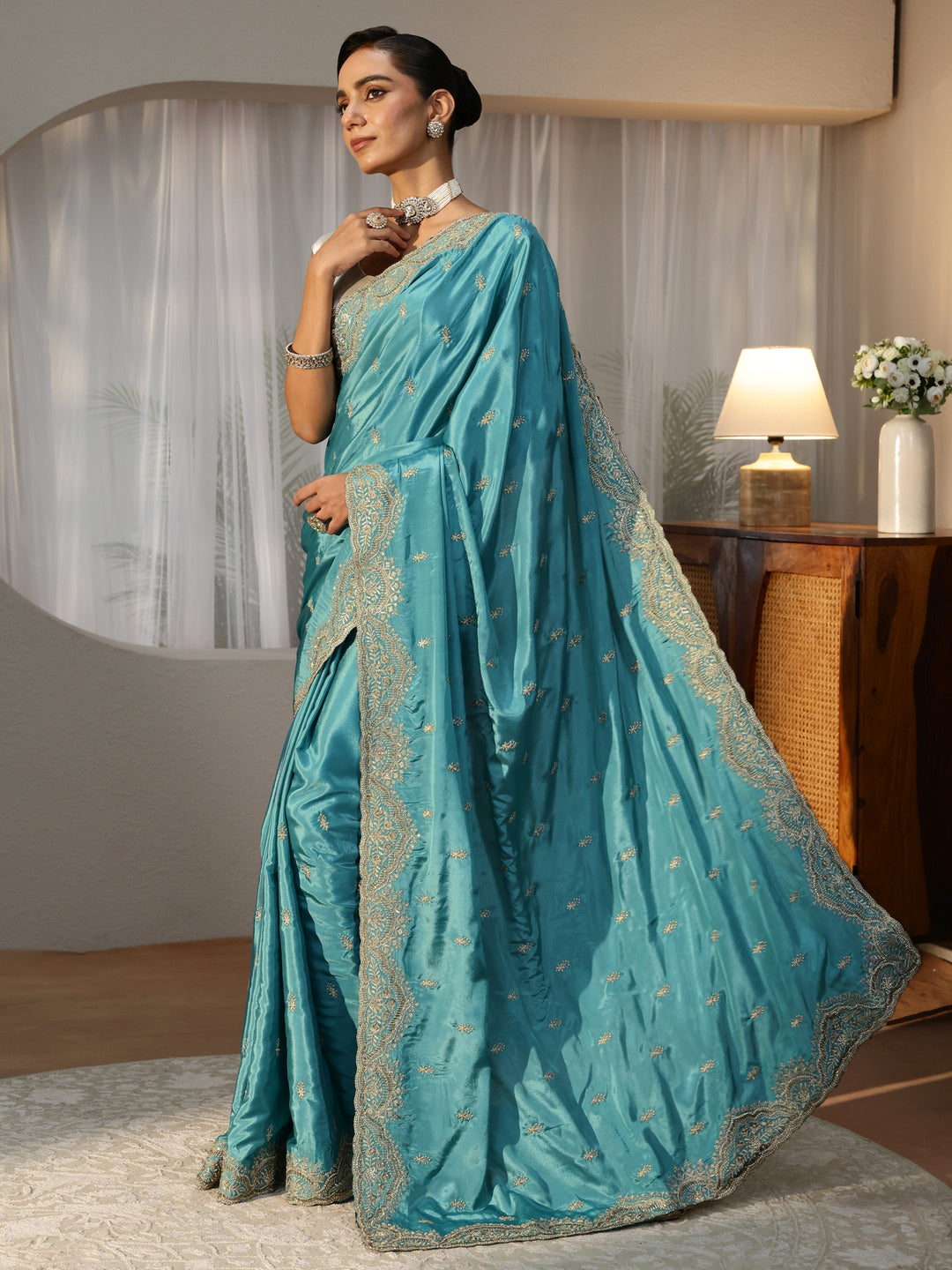 Aqua Blue Floral Embroidered Satin Saree